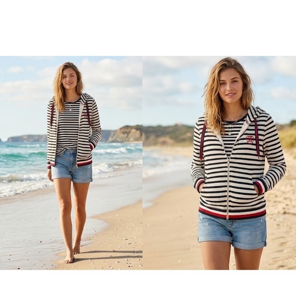 Tommy Hilfiger Nautical Terry Cloth Hoodie Shirt Set Navy White Striped M NEW